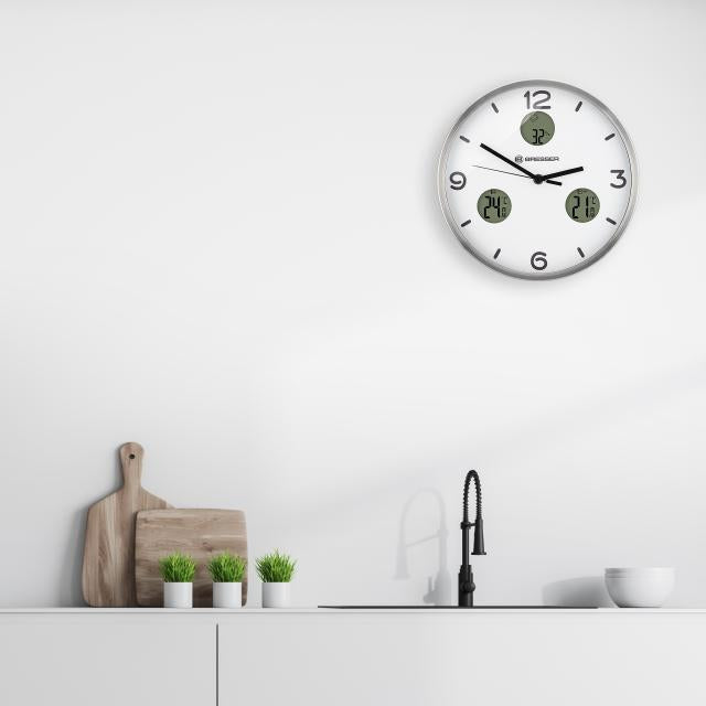 Bresser mytime io nx radiografische wandklok met meeting van temperatuur en luchtvochtigheid diameter 30 cm wit