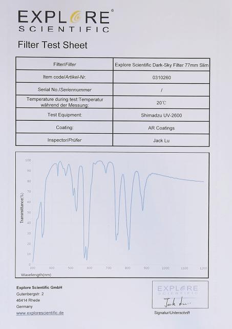 EXPLORE SCIENTIFIC Dark-Sky filter 77 mm Slim