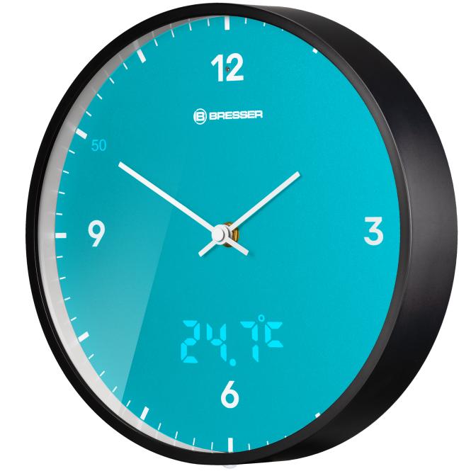 BRESSER MyTime LEDsec wandklok 24 cm met temperatuurweergave (sky blue)